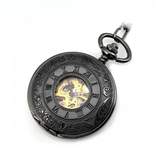 WAH255 Classic Black Mens Steam Punk Mechanical Pocket Watch Double Cover