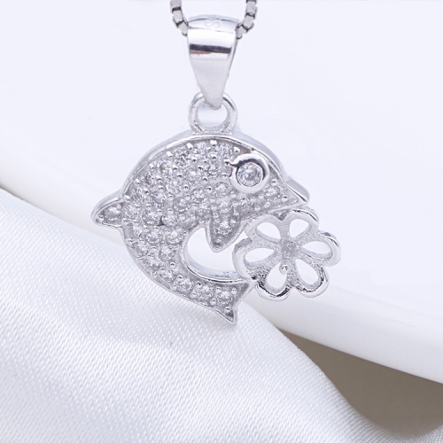 SSP16 Dolphin 925 Sterling Silver Pendant Paved Cubic Zirconia Jewelry Pearl Mount