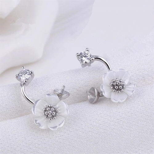 SSE58 Earring Blank White Shell Flower Curved Earring Pearls Semi Mount 925 Silver