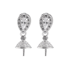 SSE86 Zircon Earring Findings Bead Cap with Peg for Round Pearls 925 Silver