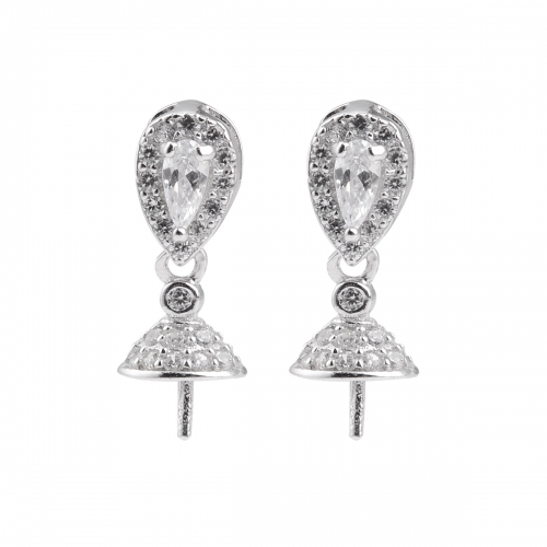 SSE86 Zircon Earring Findings Bead Cap with Peg for Round Pearls 925 Silver