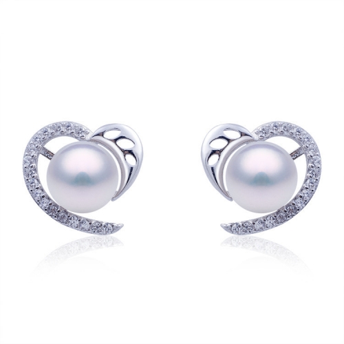 SSE263 Love 925 Heart Sterling Silver Pearl Stud Earrings Findings