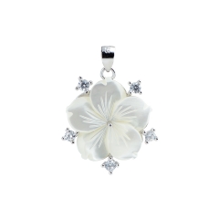 SSP224 White Flower Pendant with Shell and Zircon 925 Sterling Silver Pearl Setting