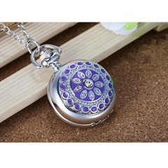 WAH159 Purple Flower Pendant with Mirror Small Quartz Pocket Watch Necklace