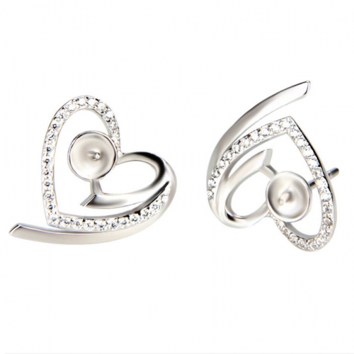 SSE278 Heart Zircon Sterling 925 Stud Earrings Silver Pearl Mounting