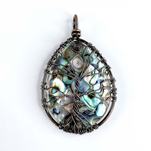 MOP207 Teardrop Abalone Shell Mosaic Cabochon Antique Tree of Life Pendant