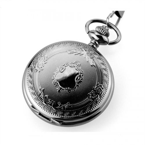 WAH756 Engraved Floral Pattern Black Quartz Pocket Watch