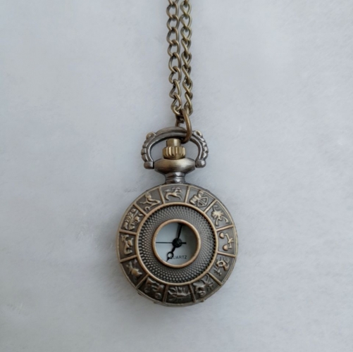WAH485 Quartz Movement Pendant Necklace Watches Antique Bronze Zodiac