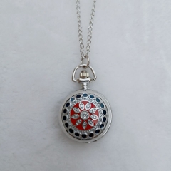 WAH04 Red and Black Enamel Silver Tone Necklace Watch Long Chain