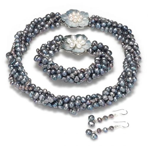 FPN271 Black Nugget Pearl Necklace Bracelet Earrings Freshwater Cultured Pearls Five Strands