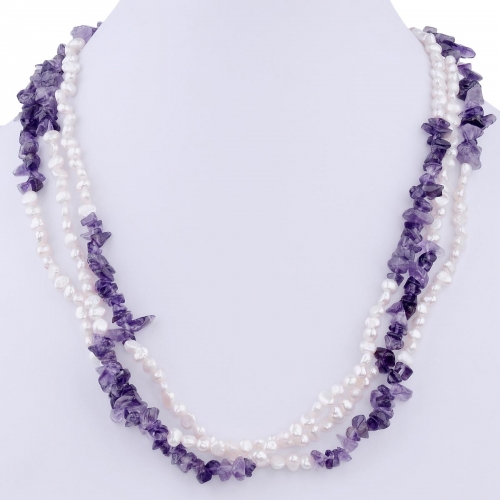 FPN03 Three Strands White Nugget Pearls with Amethyst Necklace