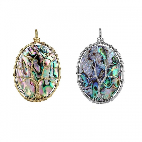 SPD207 Tree of Life Gemstone Jewelry Oval Cabochon Natural Abalone Paua Shell Pendant