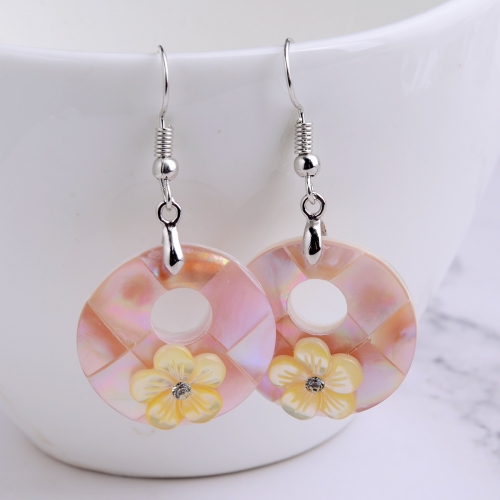 MOP152 Natural Pink Shell Earrings with Yellow Flower for Women Girls