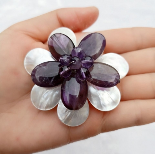BRH119 Flower Brooch Wedding Jewelry Natural Amethyst and White Shell Handmade