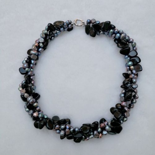 FPN07 Natural Black Freshwater Pearls with Black Agate Beads Three Strand Twisted Necklace