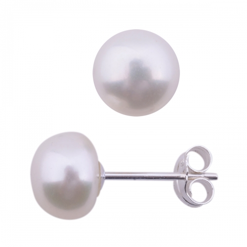 FPE79 Sterling 925 Silver Perfectly Matched 8-9mm Button Freshwater Pearl Stud Earrings