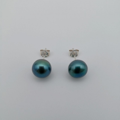 FPE256 Button Shape Peacock Green and Blue Colors 8-9mm Freshwater Pearl 925 Silver Studs Simple Earrings