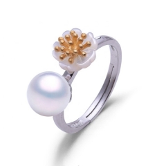 SSR124 White Shell Flower Gold Pollen 925 Sterling Silver Pearl Ring Mount