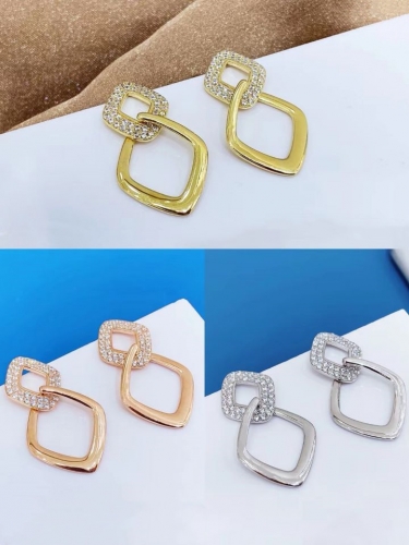 9EL01 Sterling Silver Women Jewelry Zircon Geometric Rhombus Stud Earring
