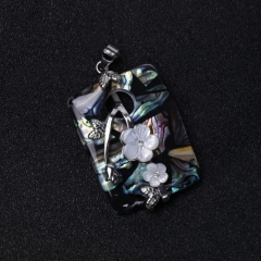 MOP147 White Flowers Abalone Shell Rectangular Pendant