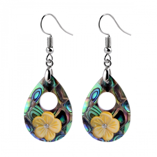MOP156 Water Drop Earrings Paua Shell with Yellow Flower