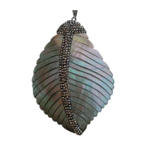 MOP219 Pave Rhinestone Encrusted Veined Leaf Shaped Huge Pendant Natural Shell