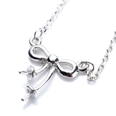 SSN132 Cute Bowknot Necklace Settings for Pearls 925 Sterling Silver Base with 2 Blanks