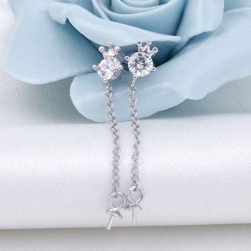 SSE294 Sterling Findings 925 Silver Long Chain Crown Shape Pearl Drop Earring