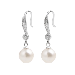 FPE204 Round 8-9mm White Freshwater Pearls Zircon 925 Silver Earrings Wedding Bridal Women Jewelry