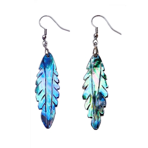 MOP361 Leaves Green Plant Abalone Shell Long Leaf Shape Drop Earrings