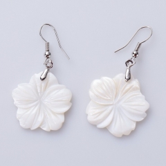 MOP364 Natural White Shell Carving Flower Dangle Earrings