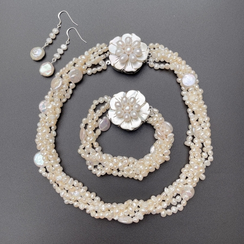 FPN43 Nugget Freshwater Pearl Five Strands Twisted Necklace Bracelet Earring Jewelry Set