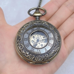 WAH269 Engraved Bronze Retro Vintage Double Cover Roman Mechanical Pocket Watch