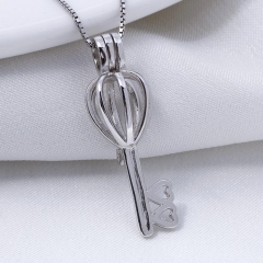 SSC38 Key with Heart Pearl Cage Pendant 925 Sterling Silver Mounting