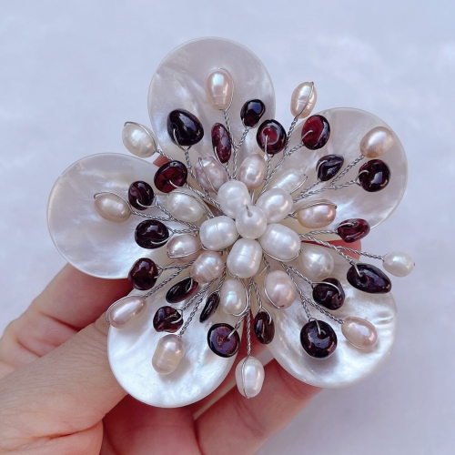 BRH40 Floral Brooches Garnet and Freshwater Pearl Genuine White Mother of Pearl Shell