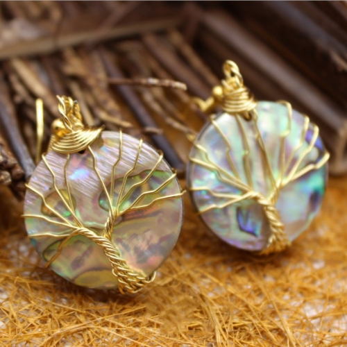 MOP376 Gold Color Tree of Life Earrings with Round Abalone Shell