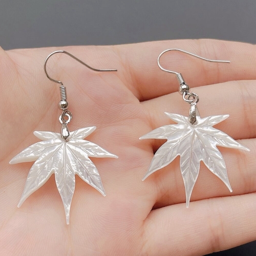 MOP373 Natural White Abalone Shell Earrings Dangling Carved Maple Leaf
