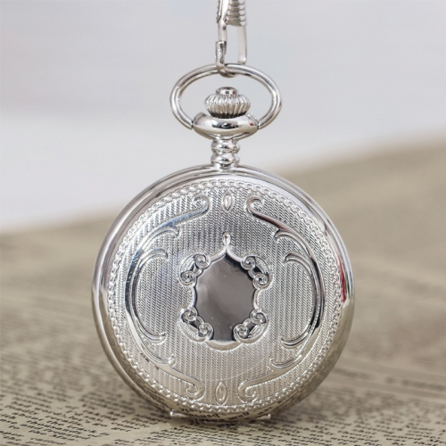 WAH618 Silvery Cover Quartz Movement Shield Pocket Watches with Chain