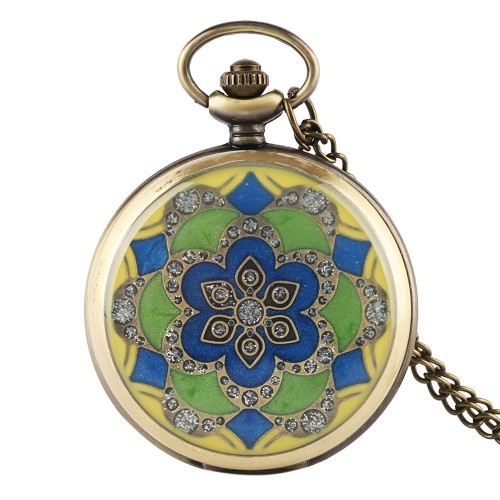 WAH239 Bronze Vintage Cloisonne Enamel Floral Pocket Watch with Long Chain