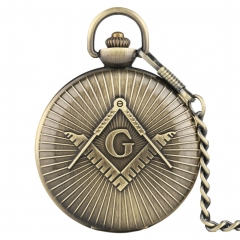 WAH296 Freemasonry Masonic Quartz Pocket Watch Chain Vintage Bronze Value Quality