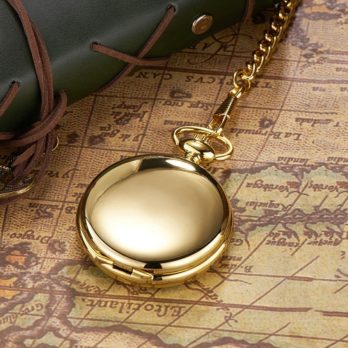 WAH14 Gold Plating Alloy Full Metal Pocket Fob Watch Mechanical Double Sides Lid Plain