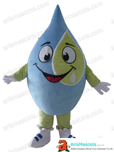 Mascot giant water drop adult suit, blue and green, very cheerful