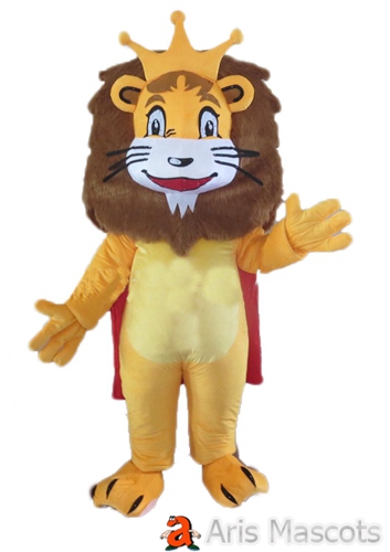 King Lion Costume, Yellow Crown, Red Cap Big Mane Adult Full Body Mascot Outfit