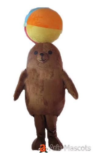 Mascot Sea Lion Costume Adult Fancy Dress up With a Colorful Swimming Ball on Head