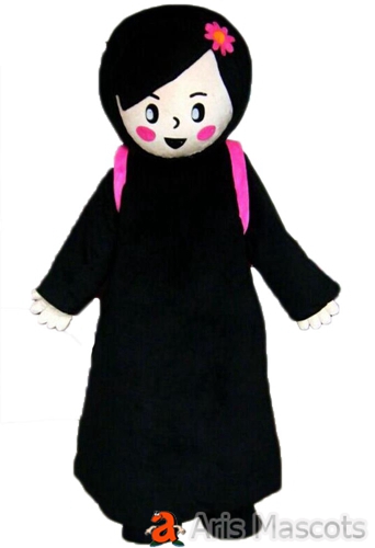 Mascot Girl with Black Hair and Pink Bag Adult Girl Full Mascot Costume for Events Party Custom Human Mascot