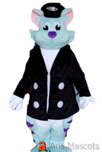 Cute Blue Cat Mascot Costume with Black Jacket Full Body Cat Fancy Dress-Receive as displayed