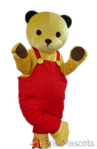 Mascot Teddy Bear Costume with red Overall, Yellow Bear Suit