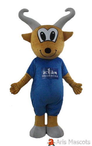 Cute Goat Mascot Costume with Blue Outfit Custom Made Mascots