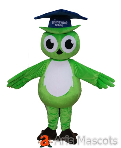Green Owl Mascot Costume with Graduation hat Adult Full Size Foam Mascots Birds Owl Fancy Dress