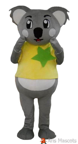 Koala Mascot with Stuffed Round Body and Yellow Shirt , Funny Smile Koala Suit